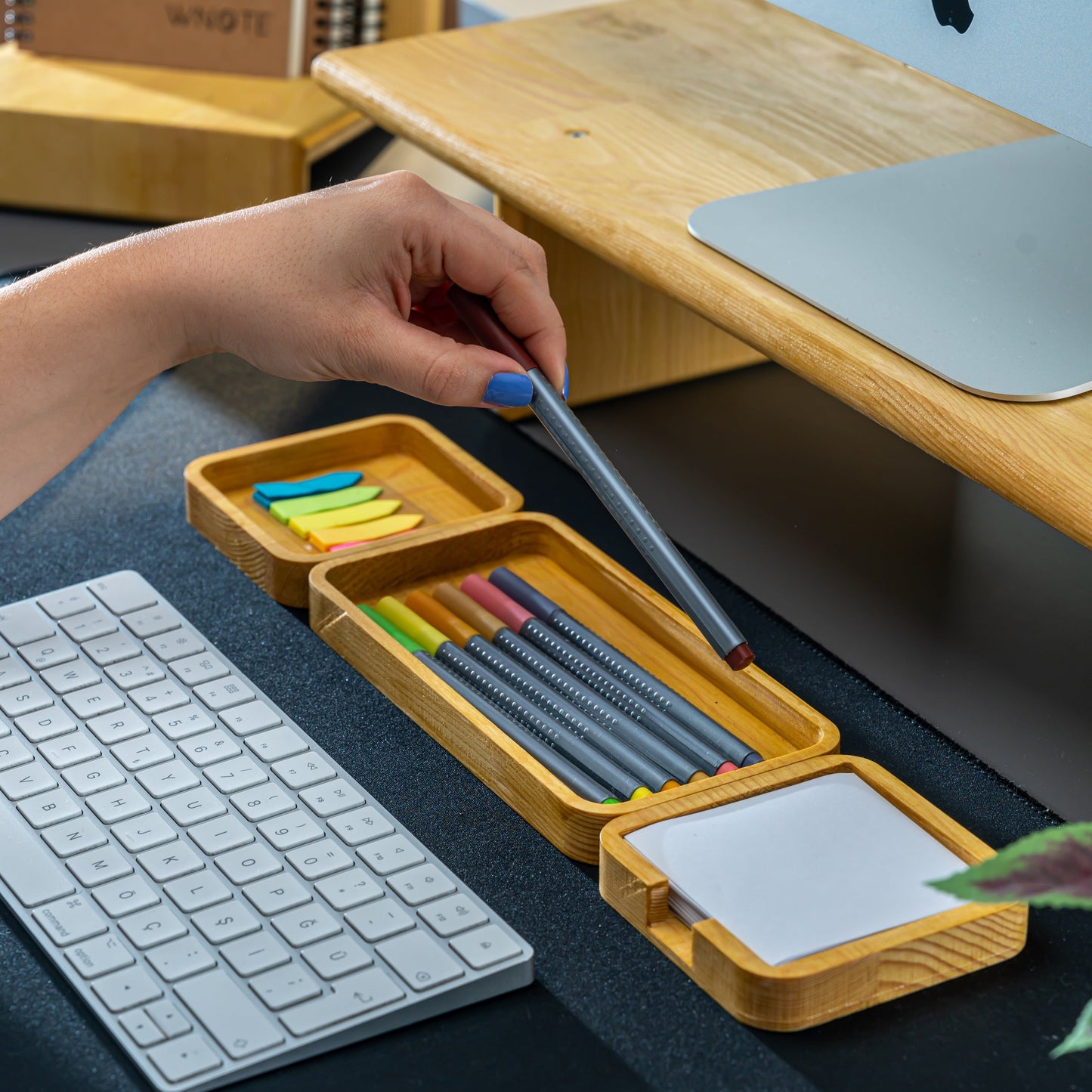 Masaüstü Ahşap Düzenleyici 3'lü Set, Masaüstü Ofis Organizer, Kalemlik